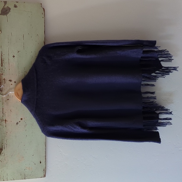 REPEAT CASHMERE I Navy Blue Open Front Fine Knit Fringed Cardigan Sweater, S - Picture 11 of 12